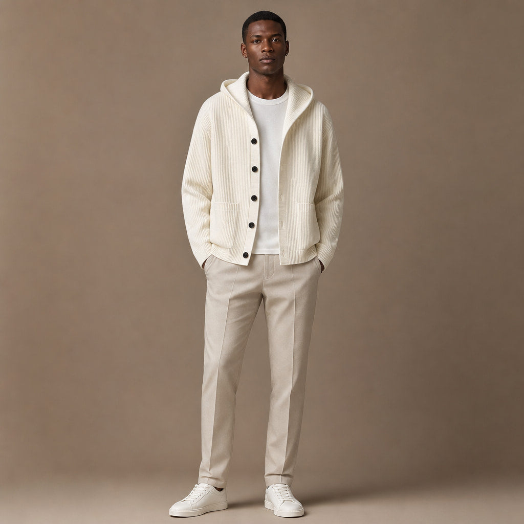 Cardigan Wool Blend Hooded Button-Up Cream – Full Look