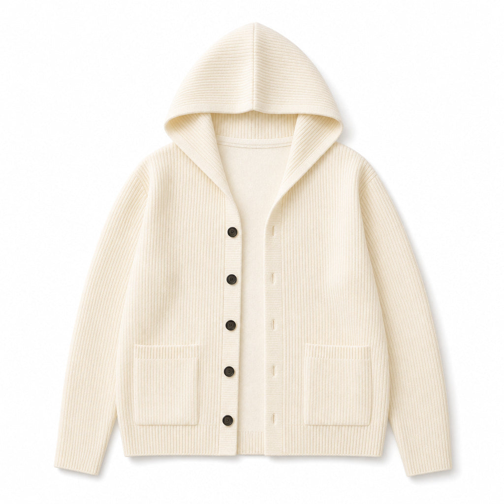 Cardigan Wool Blend Hooded Button-Up Cream – Product Photo