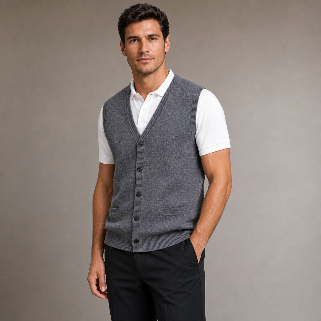Sweater Vest V-Neck Button-Up Knit Gray – Side Angle View