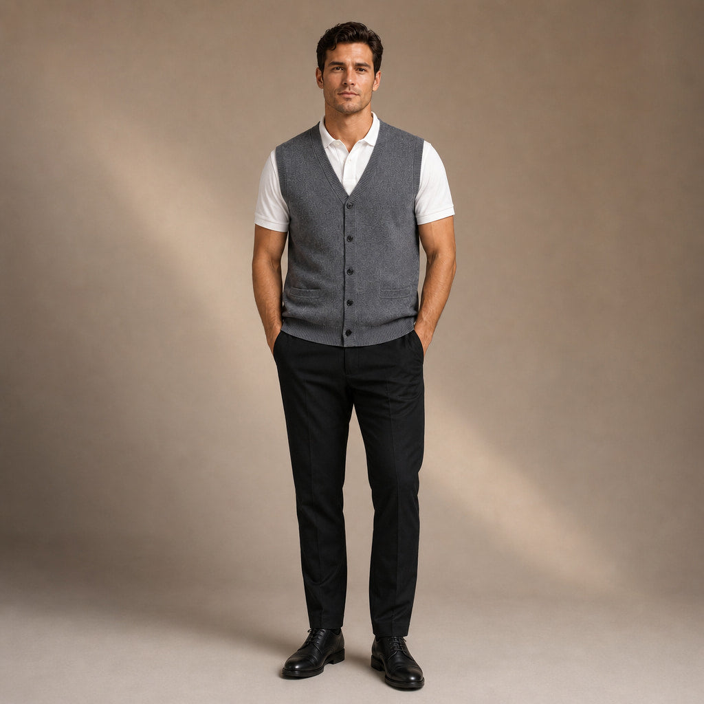 Sweater Vest V-Neck Button-Up Knit Gray – Full Look