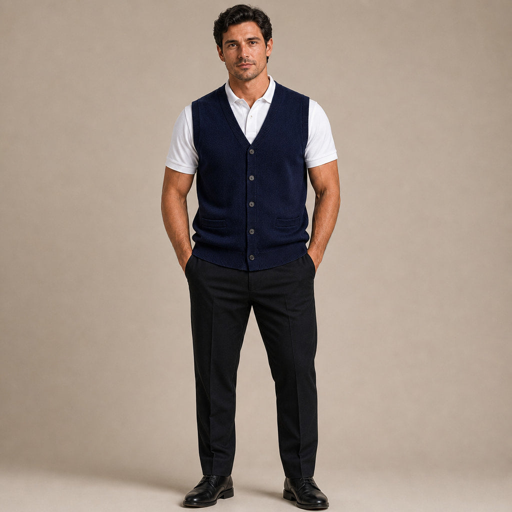 Sweater Vest V-Neck Button-Up Knit in Navy – Tarlano Premium Menswear