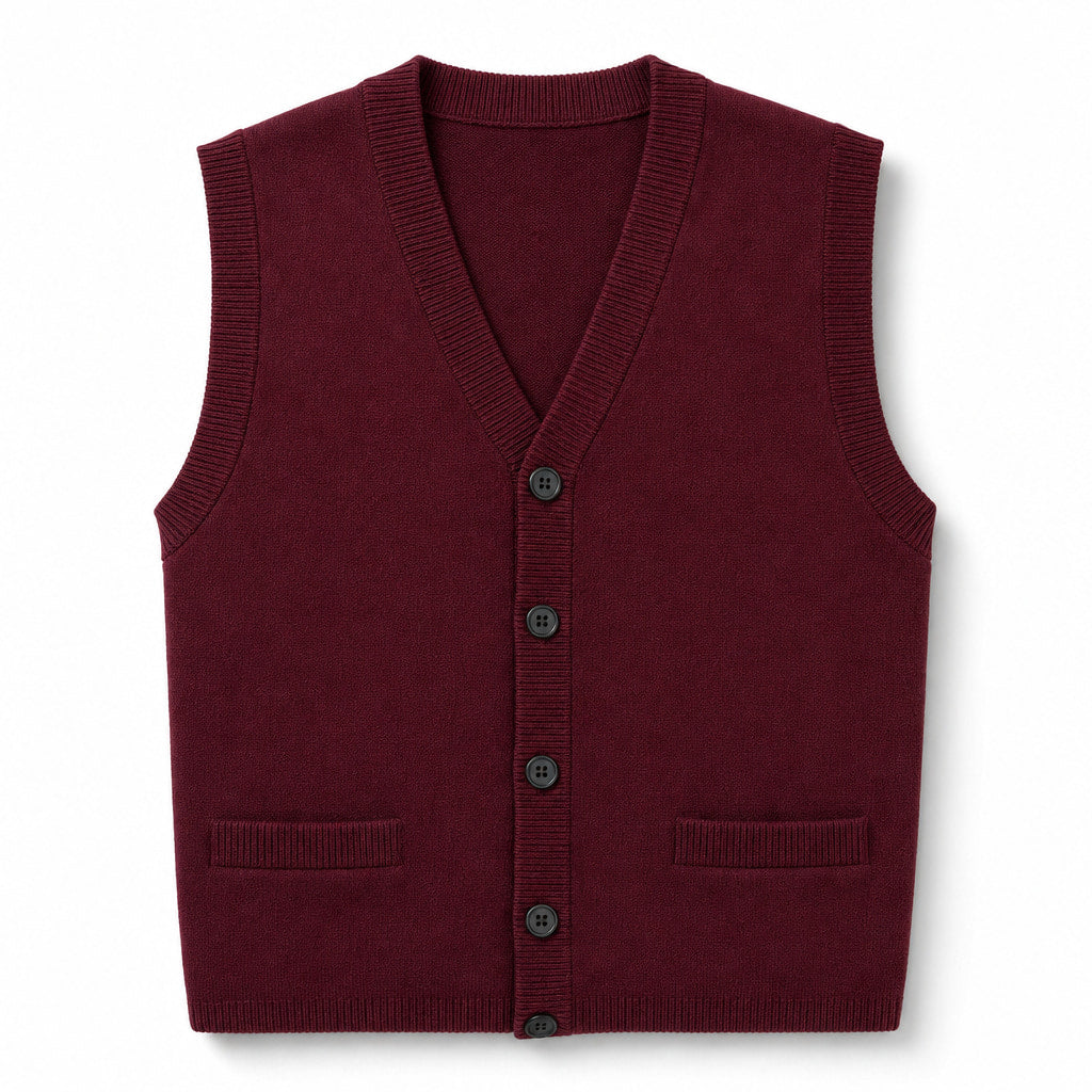 Sweater Vest V-Neck Button-Up Knit Wine – Product Photo