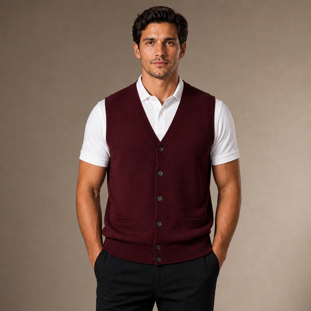 Sweater Vest V-Neck Button-Up Knit in Wine – Tarlano Premium Menswear