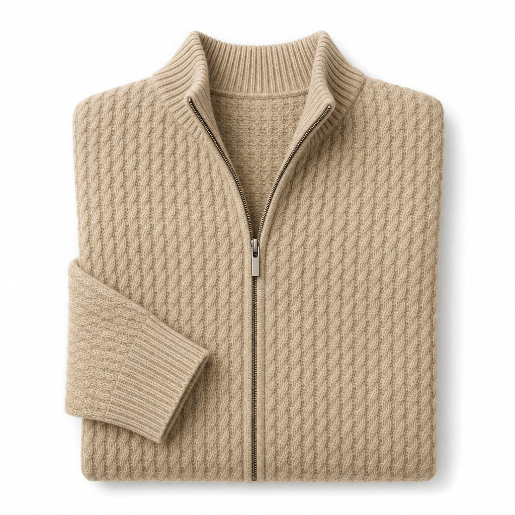 Cardigan Zip Neck Textured Knit Beige – Product Photo
