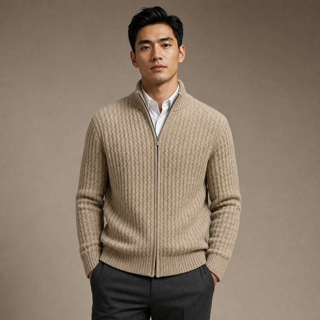 Cardigan Zip Neck Textured Knit in Beige – Tarlano Premium Menswear