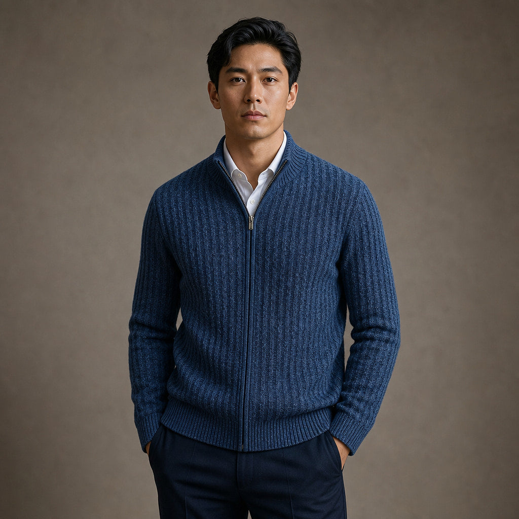 Cardigan Zip Neck Textured Knit in Blue – Tarlano Premium Menswear