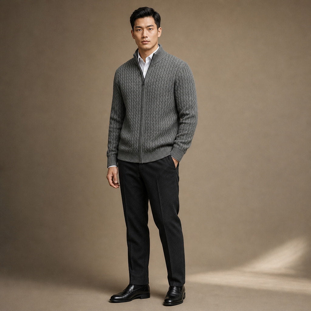 Cardigan Zip Neck Textured Knit Gray – Side Angle View