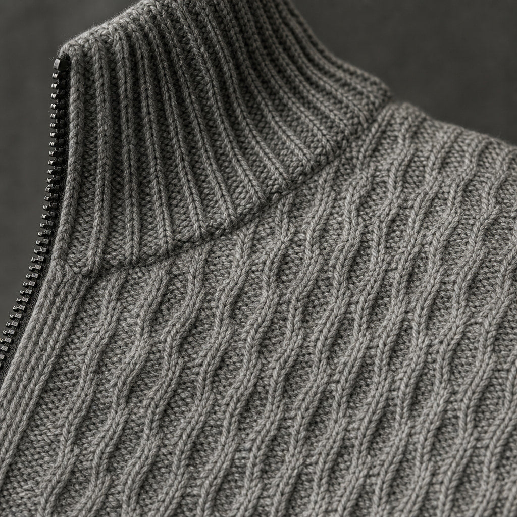 Cardigan Zip Neck Textured Knit Gray – Fabric and Detail Close-Up