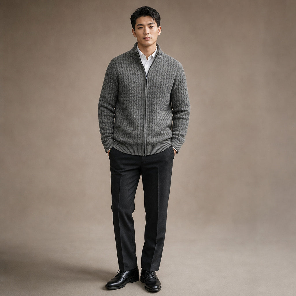 Cardigan Zip Neck Textured Knit Gray – Full Look