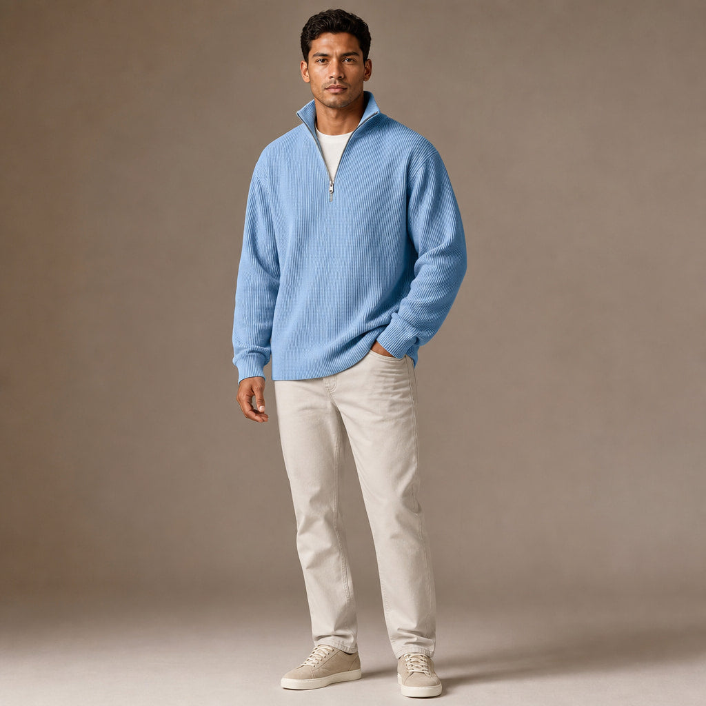 Cardigan Open Front Knit Relaxed Fit Blue – Side Angle View