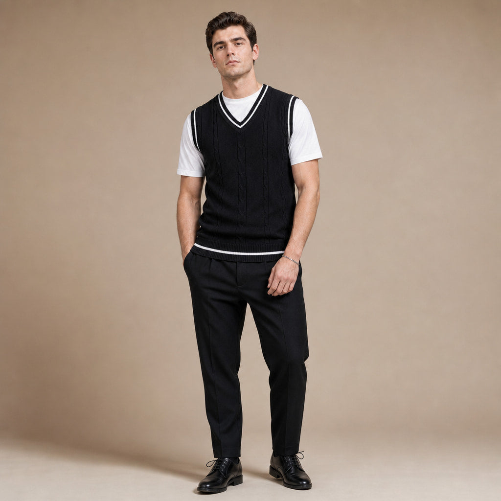 Sweater Vests V-Neck Patchwork Knit Slim Fit Black – Side Angle View