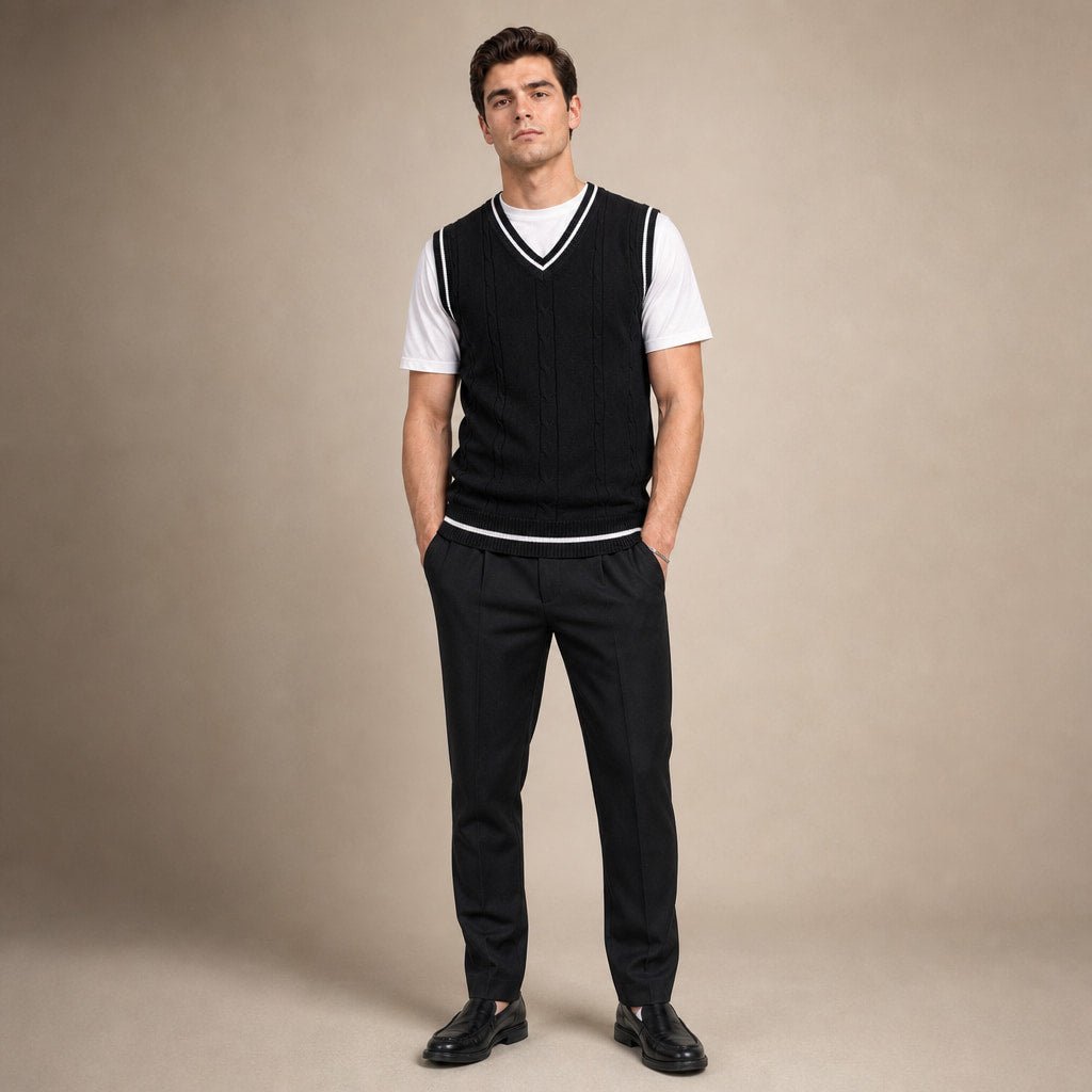 Sweater Vests V-Neck Patchwork Knit Slim Fit Black – Full Look