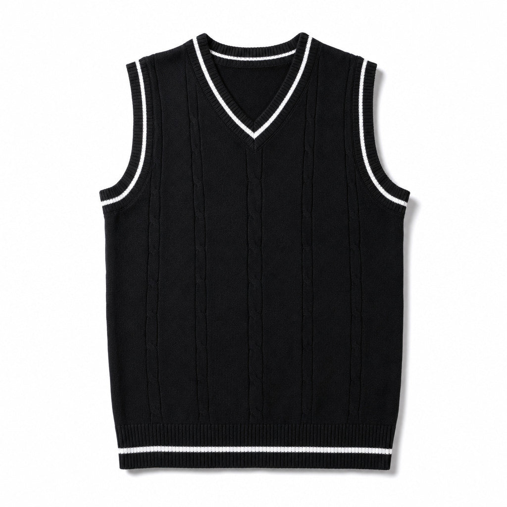 Sweater Vests V-Neck Patchwork Knit Slim Fit Black – Product Photo