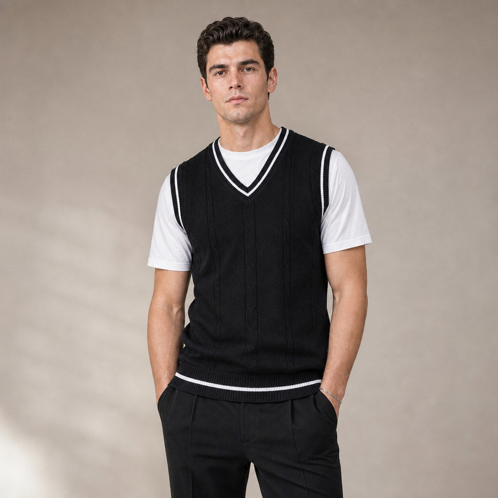 Sweater Vests V-Neck Patchwork Knit Slim Fit in Black – Tarlano Premium Menswear