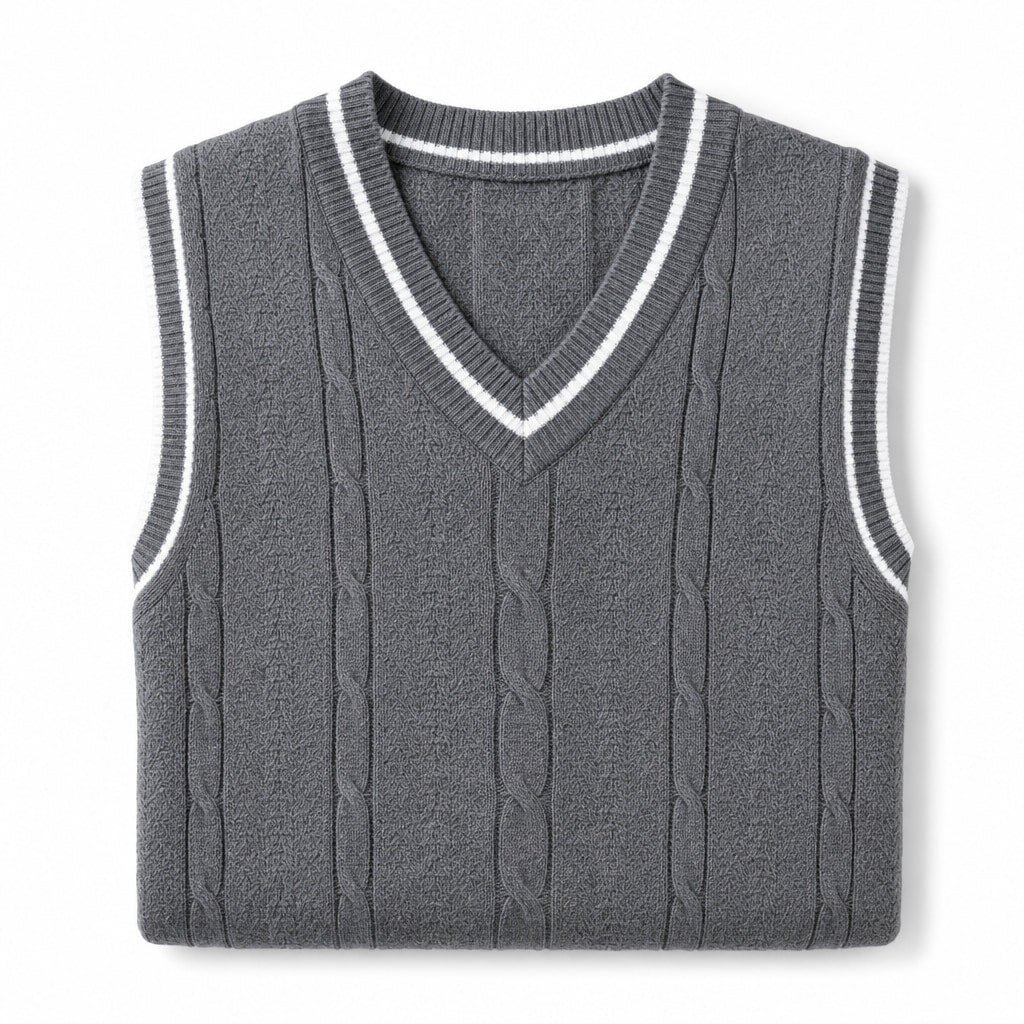 Sweater Vests V-Neck Patchwork Knit Slim Fit Gray – Product Photo