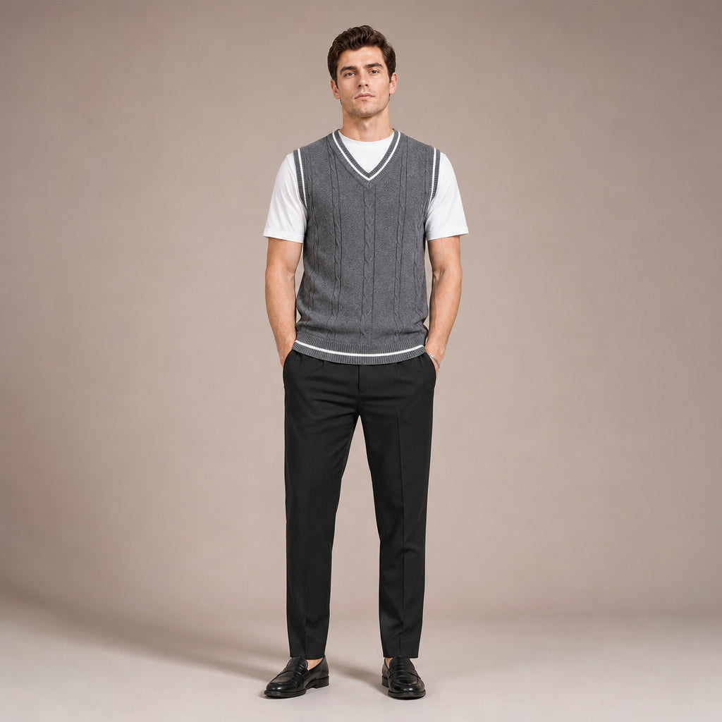 Sweater Vests V-Neck Patchwork Knit Slim Fit in Gray – Tarlano Premium Menswear