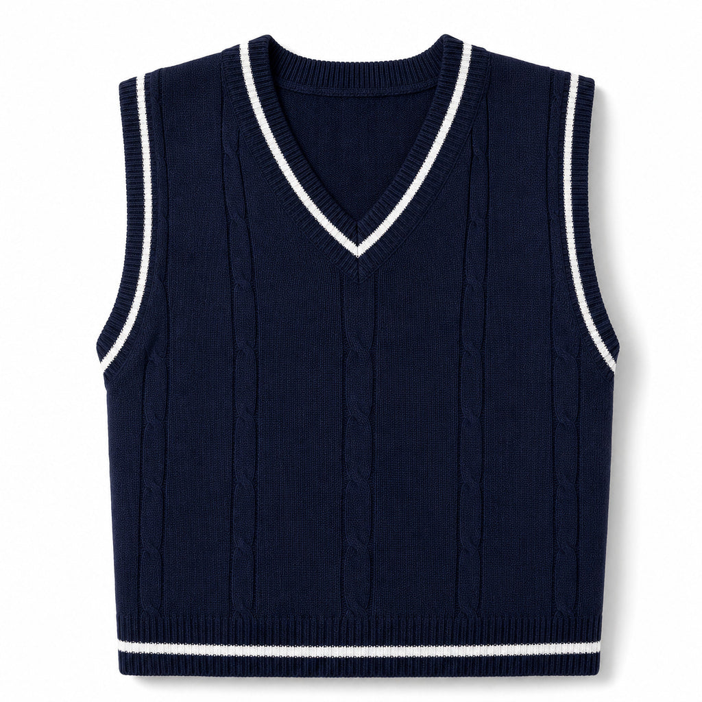 Sweater Vests V-Neck Patchwork Knit Slim Fit Navy – Product Photo