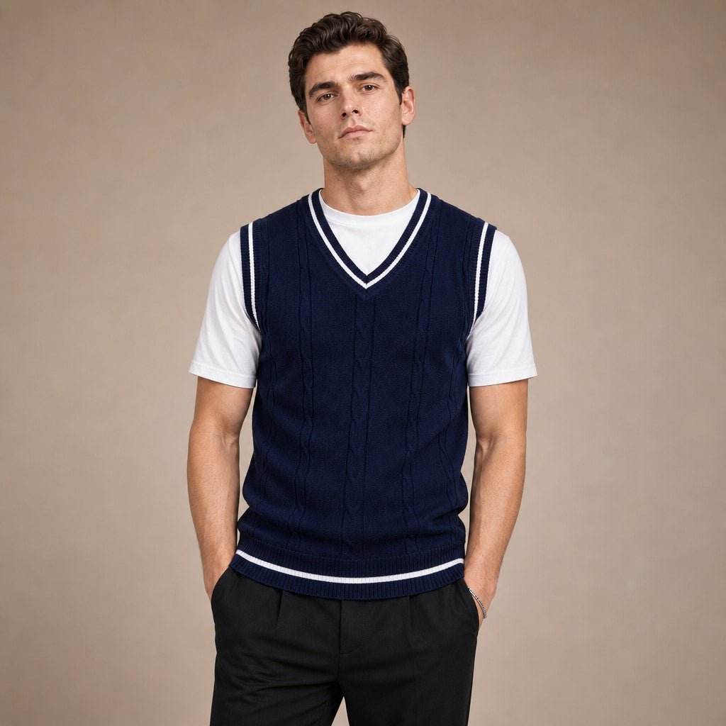 Sweater Vests V-Neck Patchwork Knit Slim Fit in Navy – Tarlano Premium Menswear