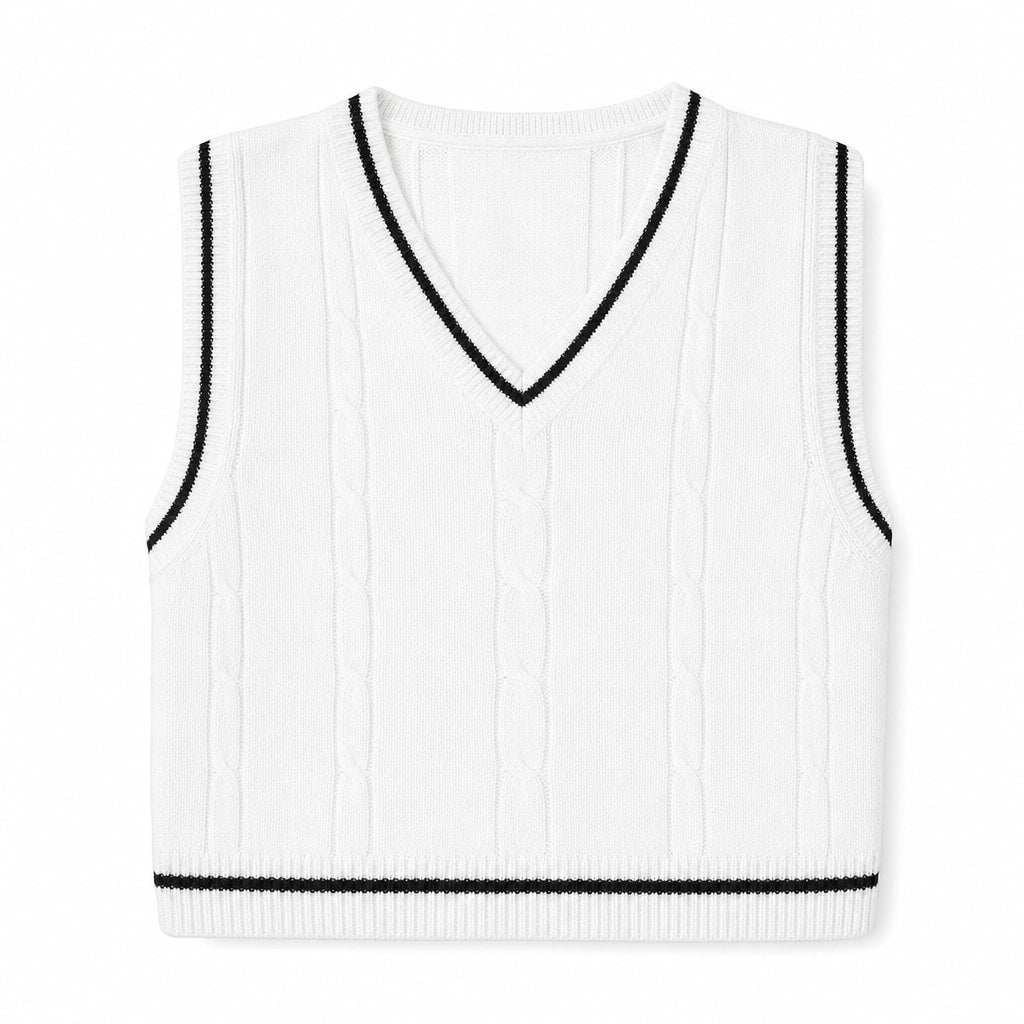 Sweater Vests V-Neck Patchwork Knit Slim Fit White – Product Photo