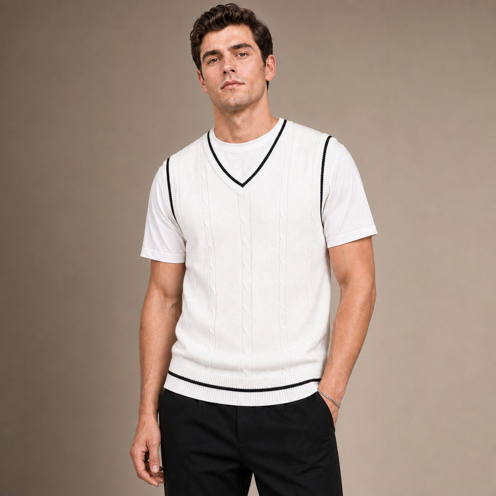 Sweater Vests V-Neck Patchwork Knit Slim Fit in White – Tarlano Premium Menswear