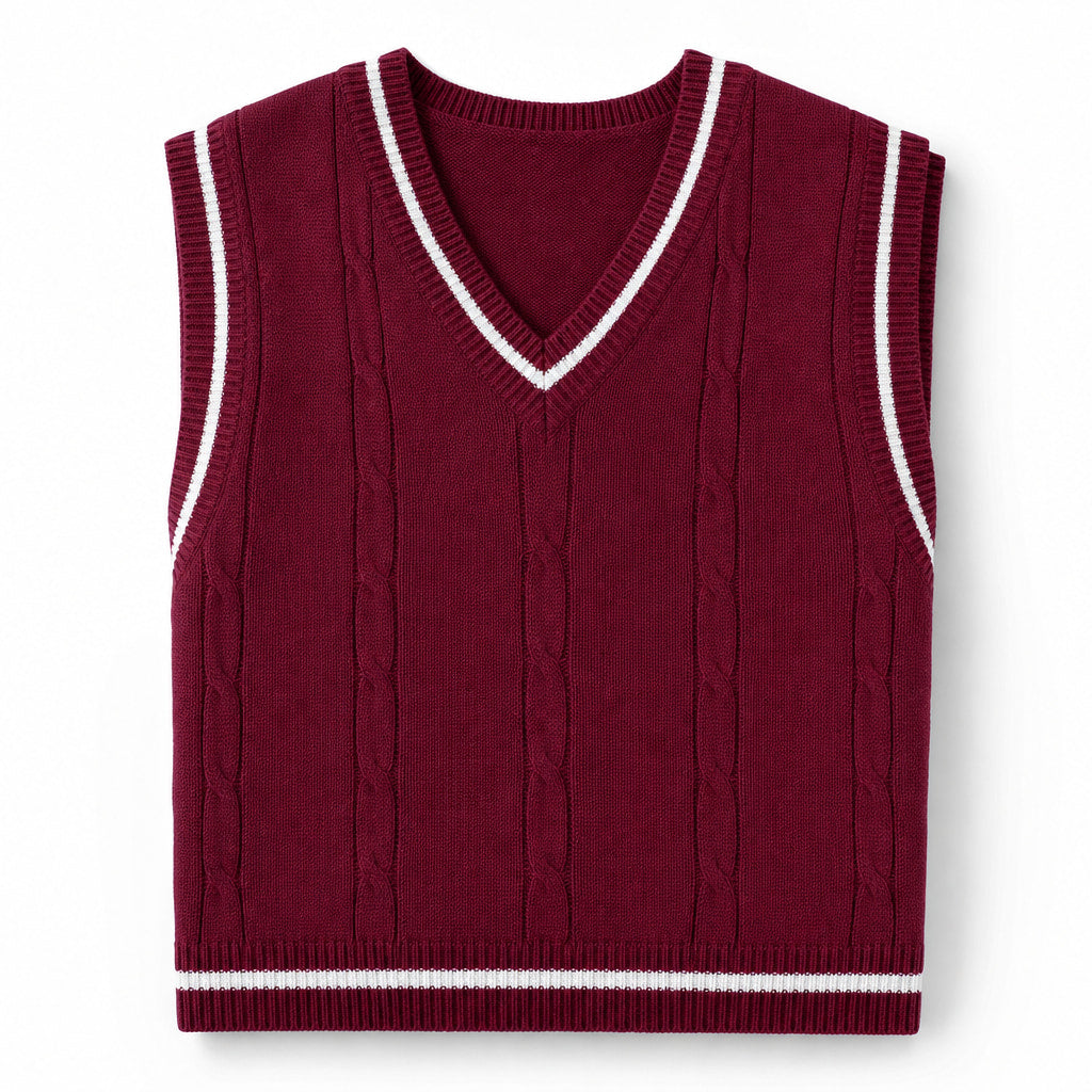 Sweater Vests V-Neck Patchwork Knit Slim Fit Wine – Product Photo