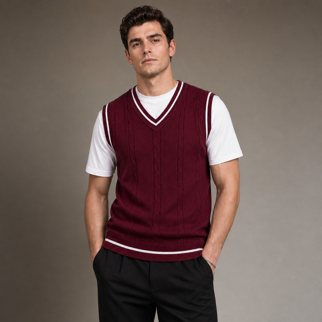 Sweater Vests V-Neck Patchwork Knit Slim Fit in Wine – Tarlano Premium Menswear