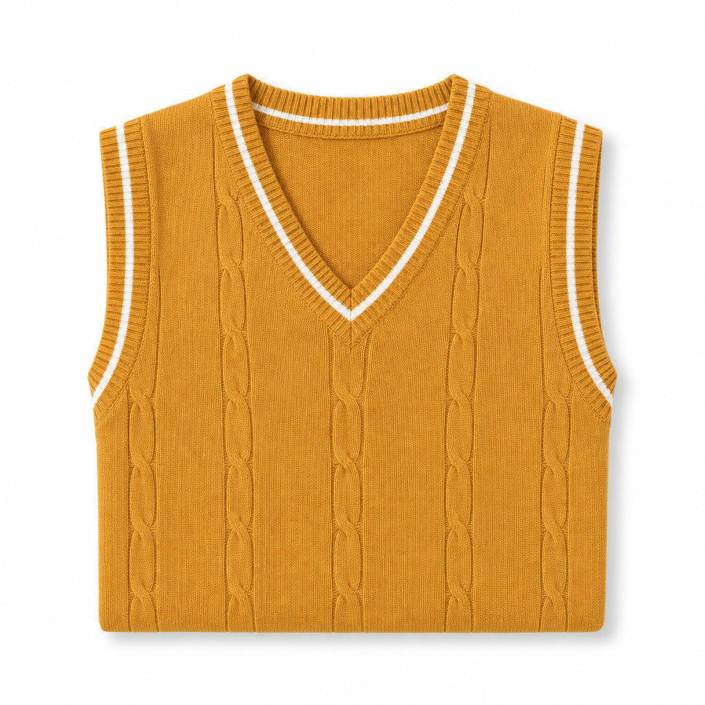 Sweater Vests V-Neck Patchwork Knit Slim Fit Yellow – Product Photo