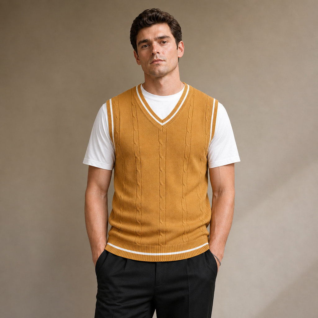 Sweater Vests V-Neck Patchwork Knit Slim Fit in Yellow – Tarlano Premium Menswear