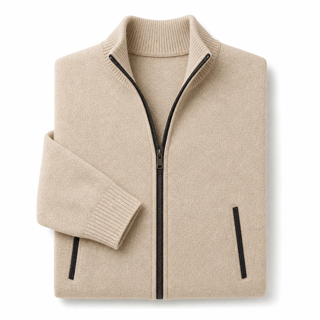 Cardigan Zip Front Ribbed Cuffs Long Sleeve Beige – Product Photo