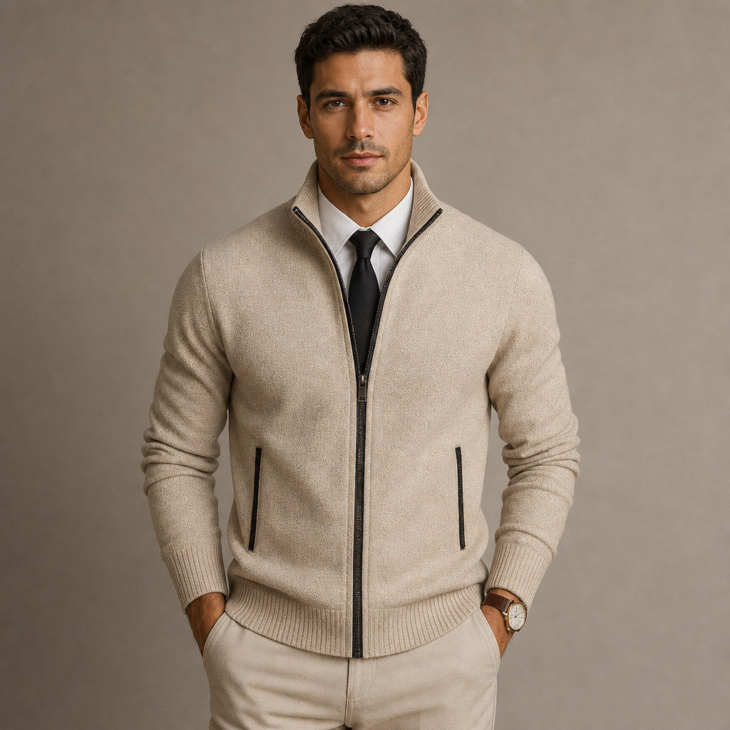 Cardigan Zip Front Ribbed Cuffs Long Sleeve in Beige – Tarlano Premium Menswear