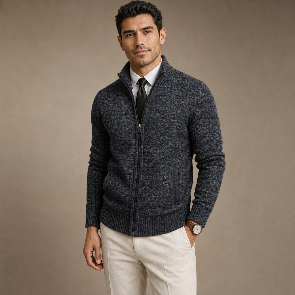 Cardigan Zip Front Ribbed Cuffs Long Sleeve Gray – Side Angle View