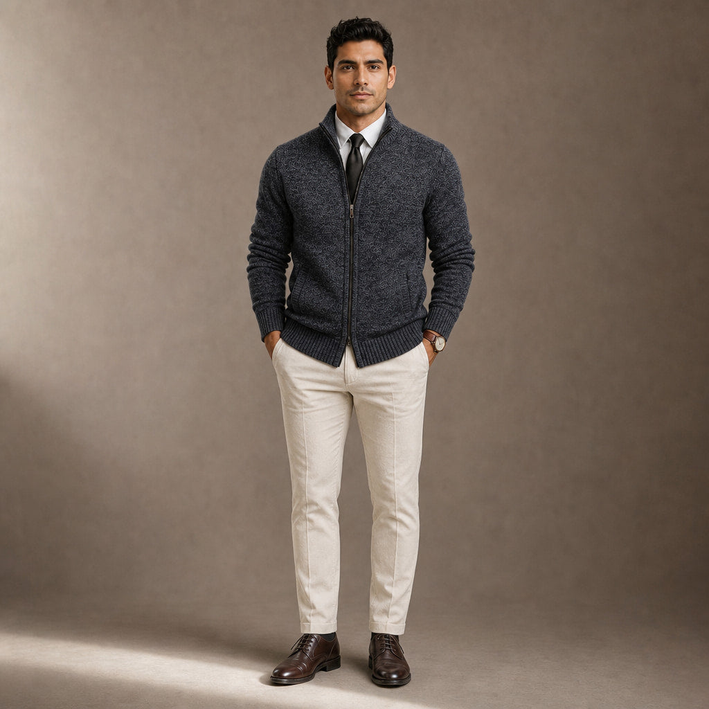 Cardigan Zip Front Ribbed Cuffs Long Sleeve Gray – Full Look