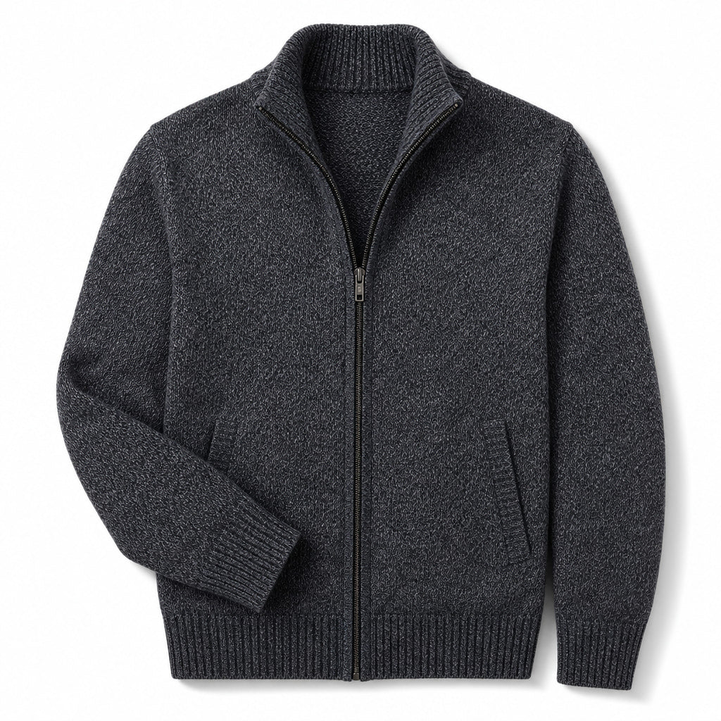 Cardigan Zip Front Ribbed Cuffs Long Sleeve Gray – Product Photo