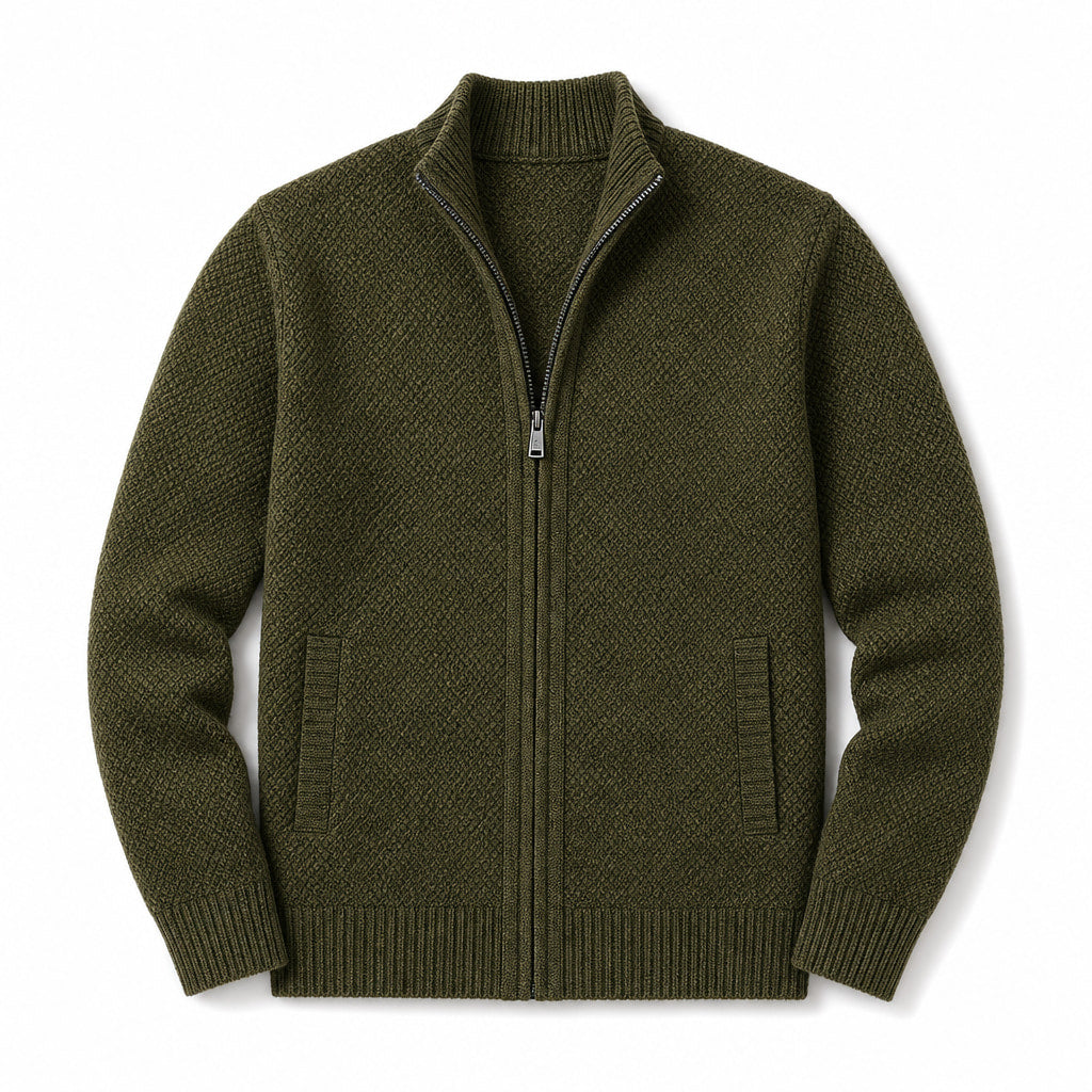 Cardigan Zip Front Ribbed Cuffs Long Sleeve Green – Product Photo
