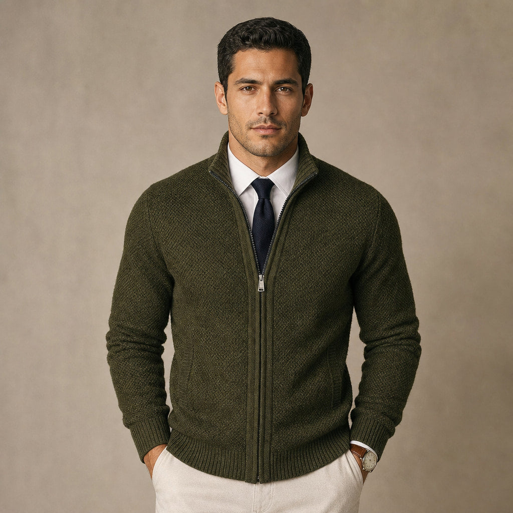Cardigan Zip Front Ribbed Cuffs Long Sleeve in Green – Tarlano Premium Menswear