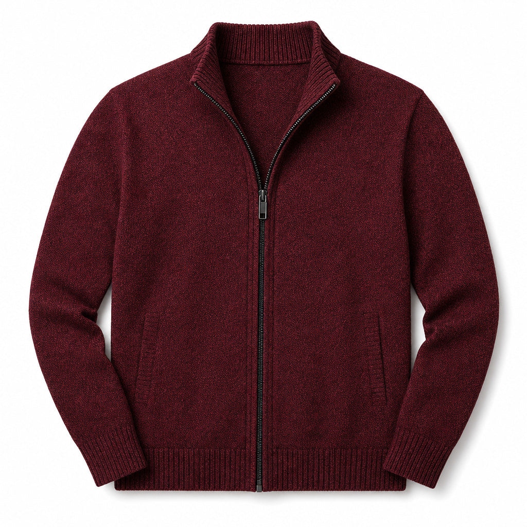 Cardigan Zip Front Ribbed Cuffs Long Sleeve Red – Product Photo