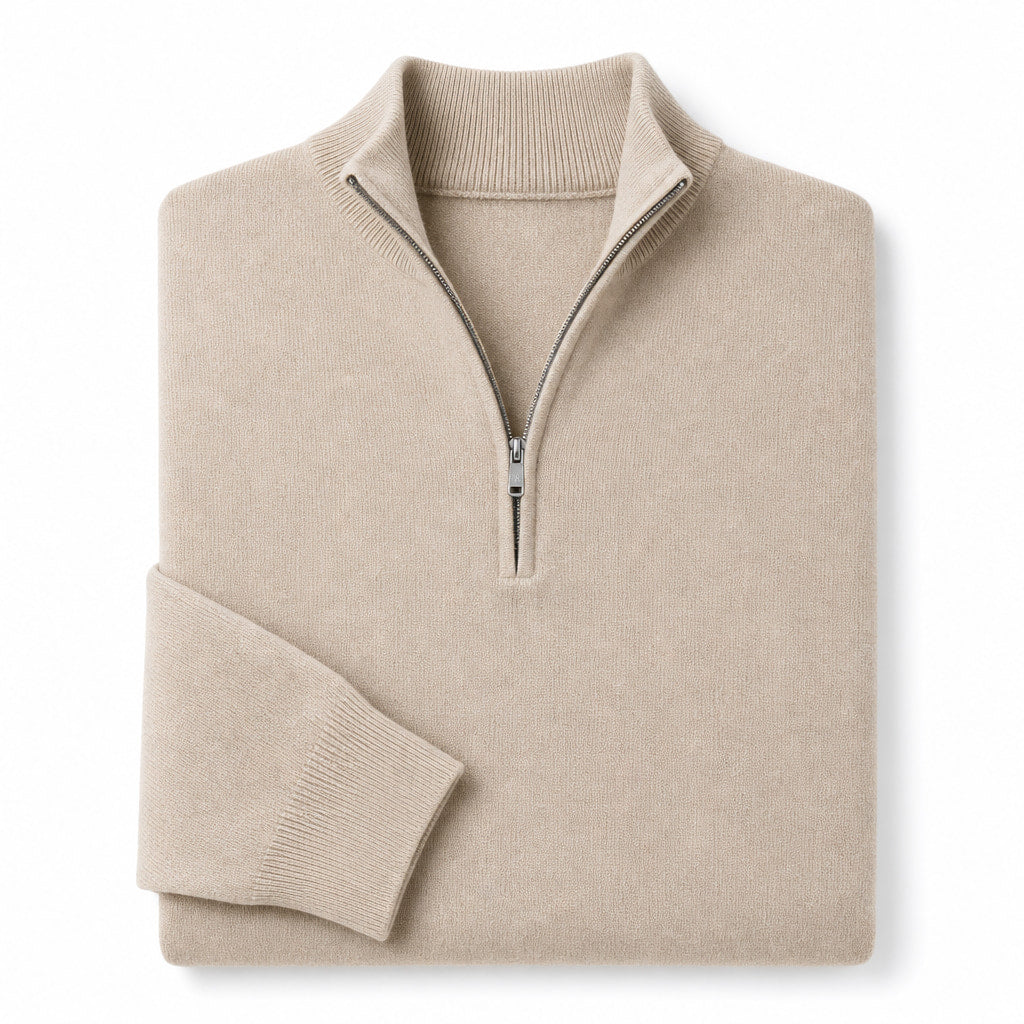 Quarter Zip Sweater Slim Fit Lightweight Mock Neck Beige – Product Photo