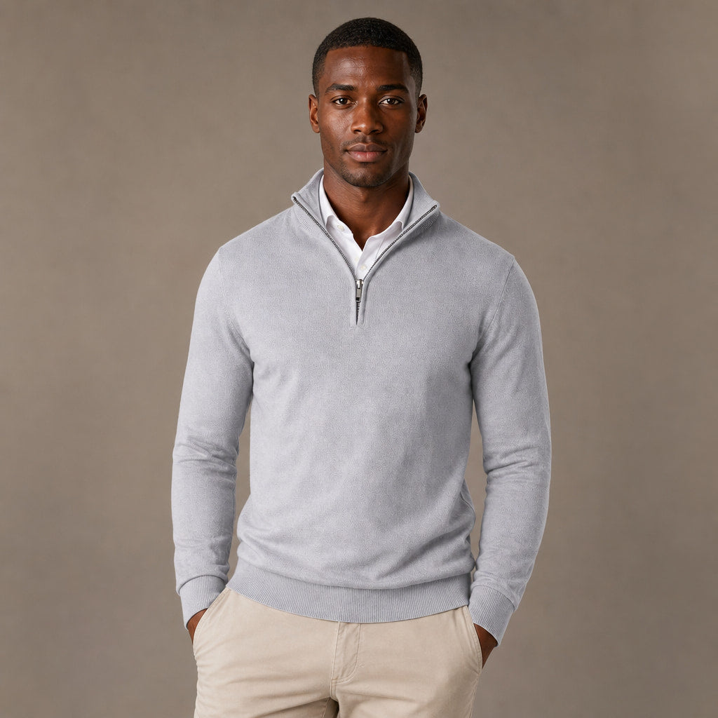 Quarter Zip Sweater Slim Fit Lightweight Mock Neck in Light Gray – Tarlano Premium Menswear