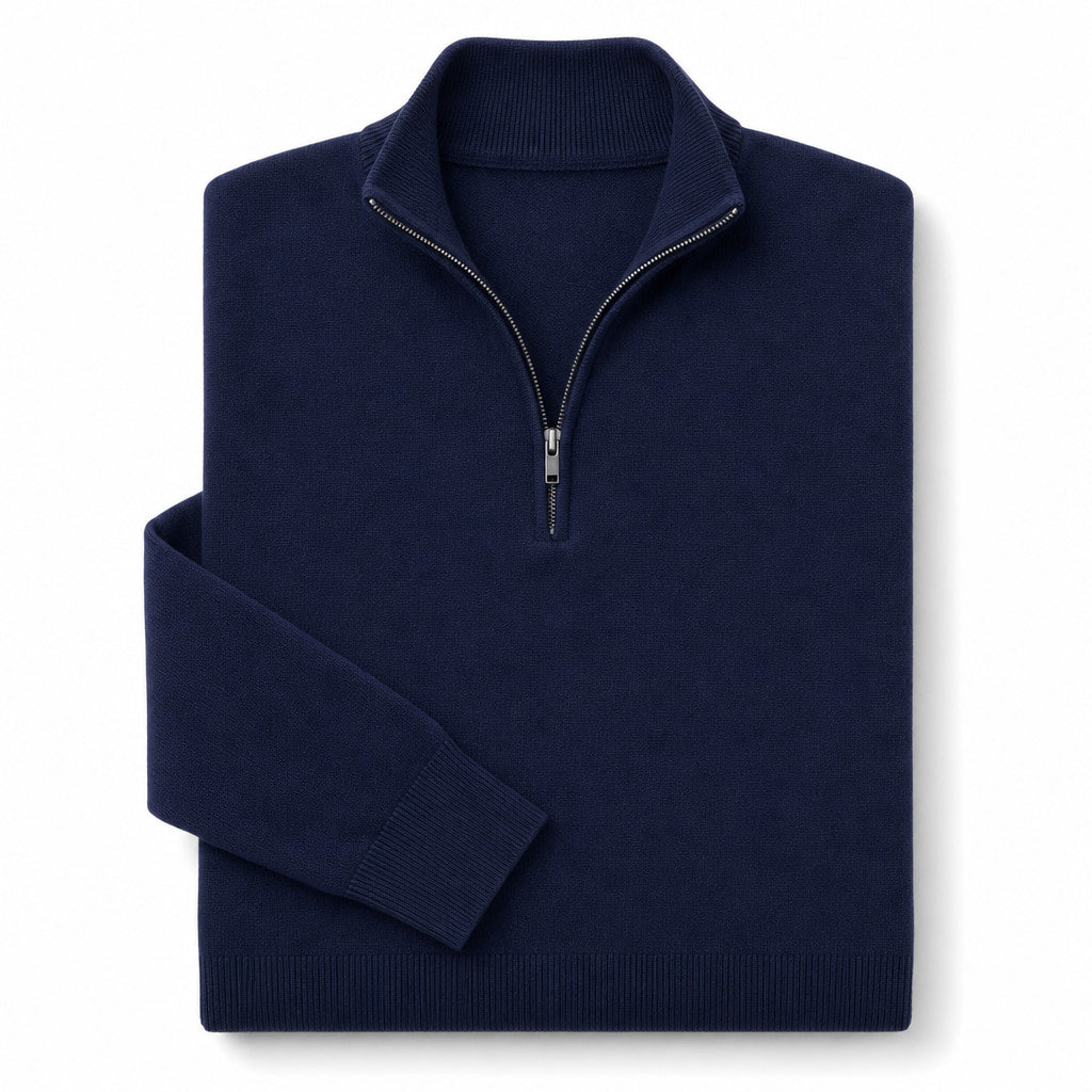 Quarter Zip Sweater Slim Fit Lightweight Mock Neck Navy – Product Photo