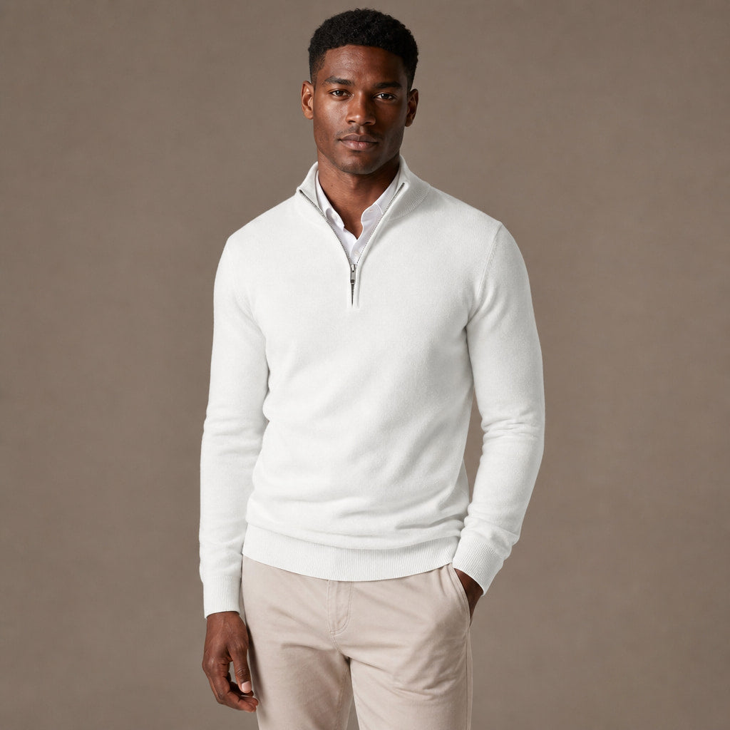 Quarter Zip Sweater Slim Fit Lightweight Mock Neck White – Side Angle View