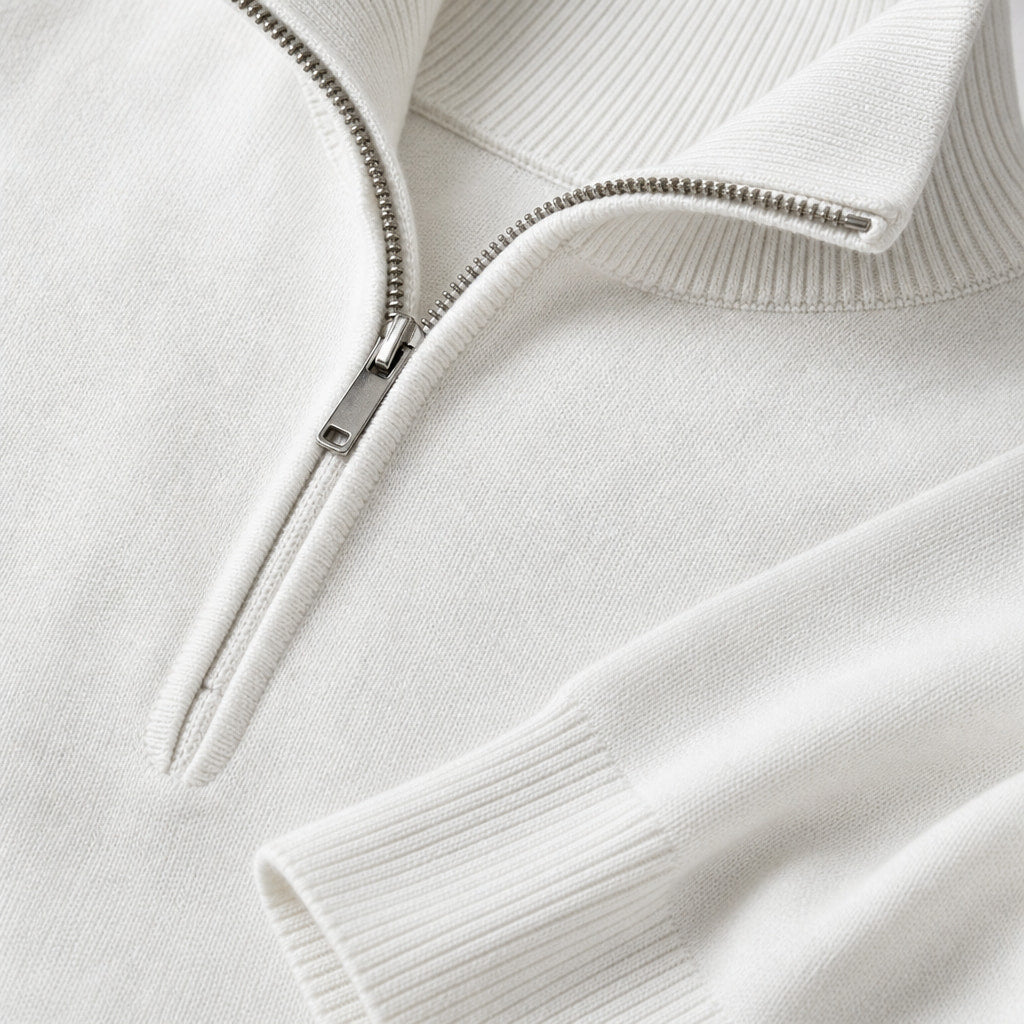 Quarter Zip Sweater Slim Fit Lightweight Mock Neck White – Fabric and Detail Close-Up