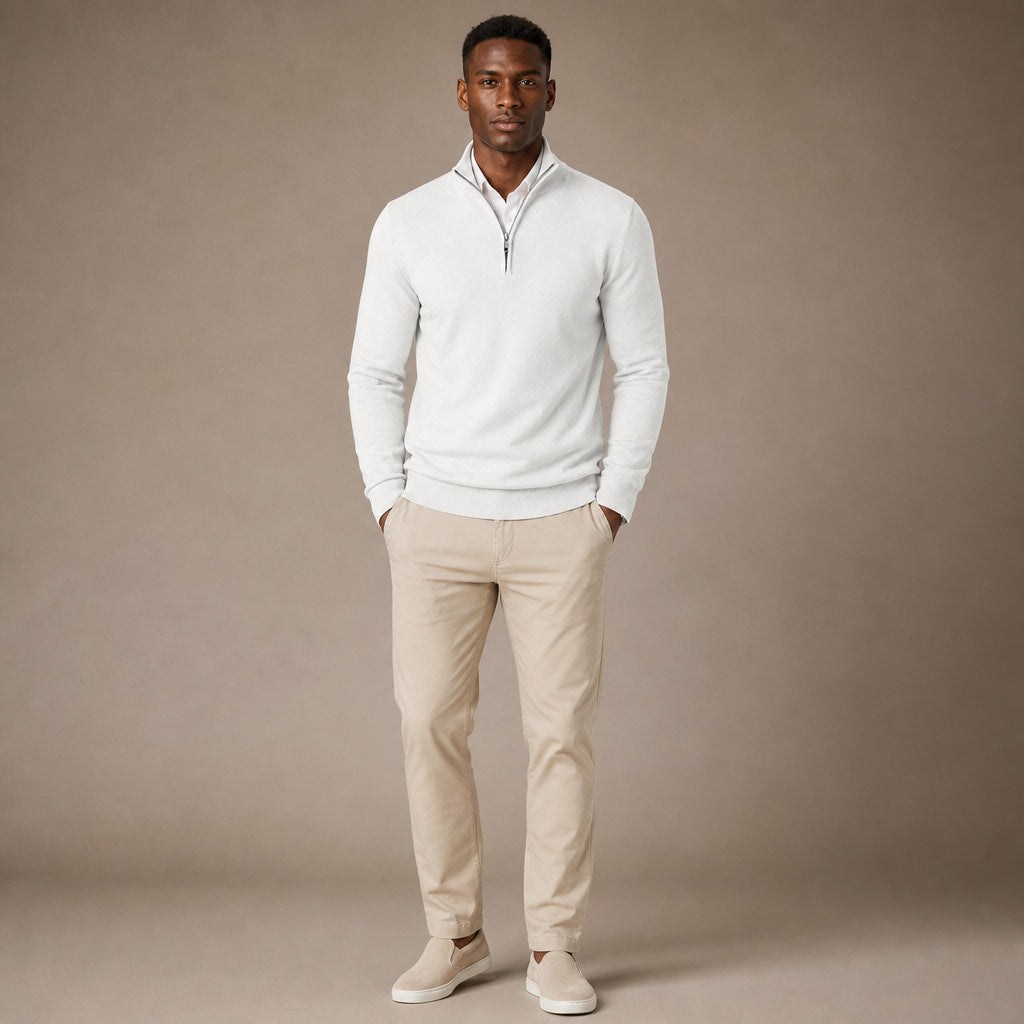 Quarter Zip Sweater Slim Fit Lightweight Mock Neck White – Full Look