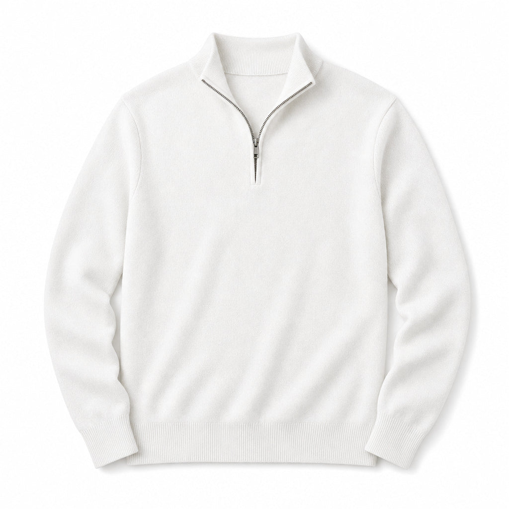 Quarter Zip Sweater Slim Fit Lightweight Mock Neck White – Product Photo