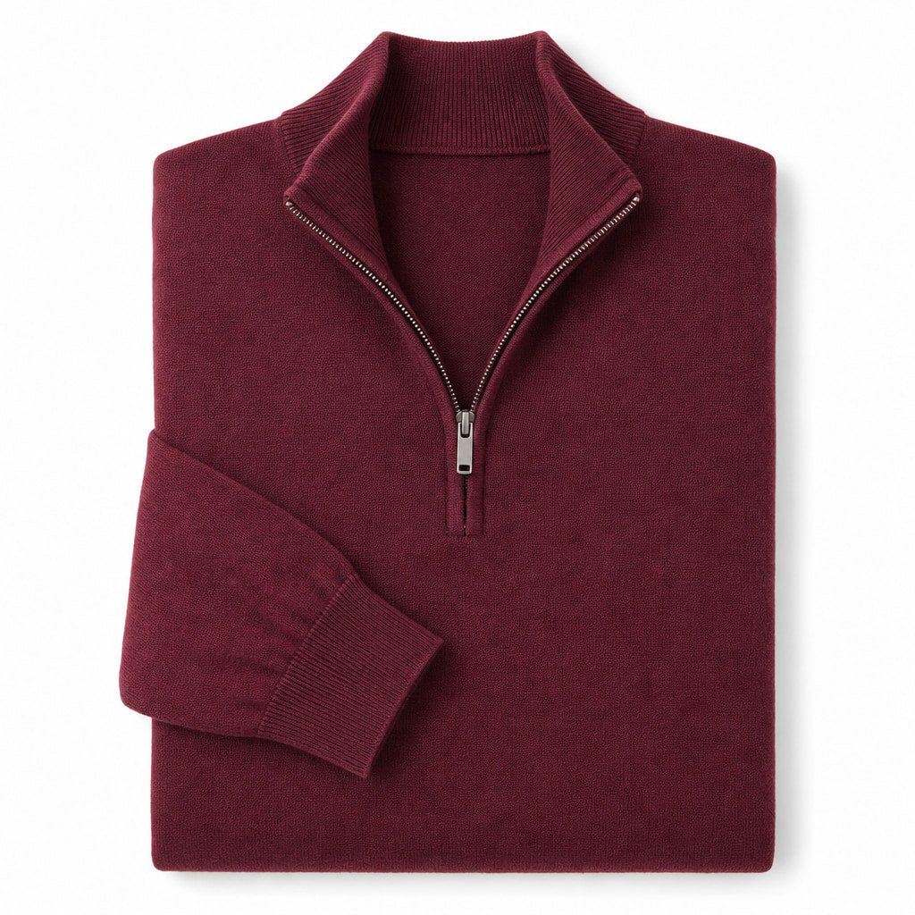 Quarter Zip Sweater Slim Fit Lightweight Mock Neck Wine – Product Photo