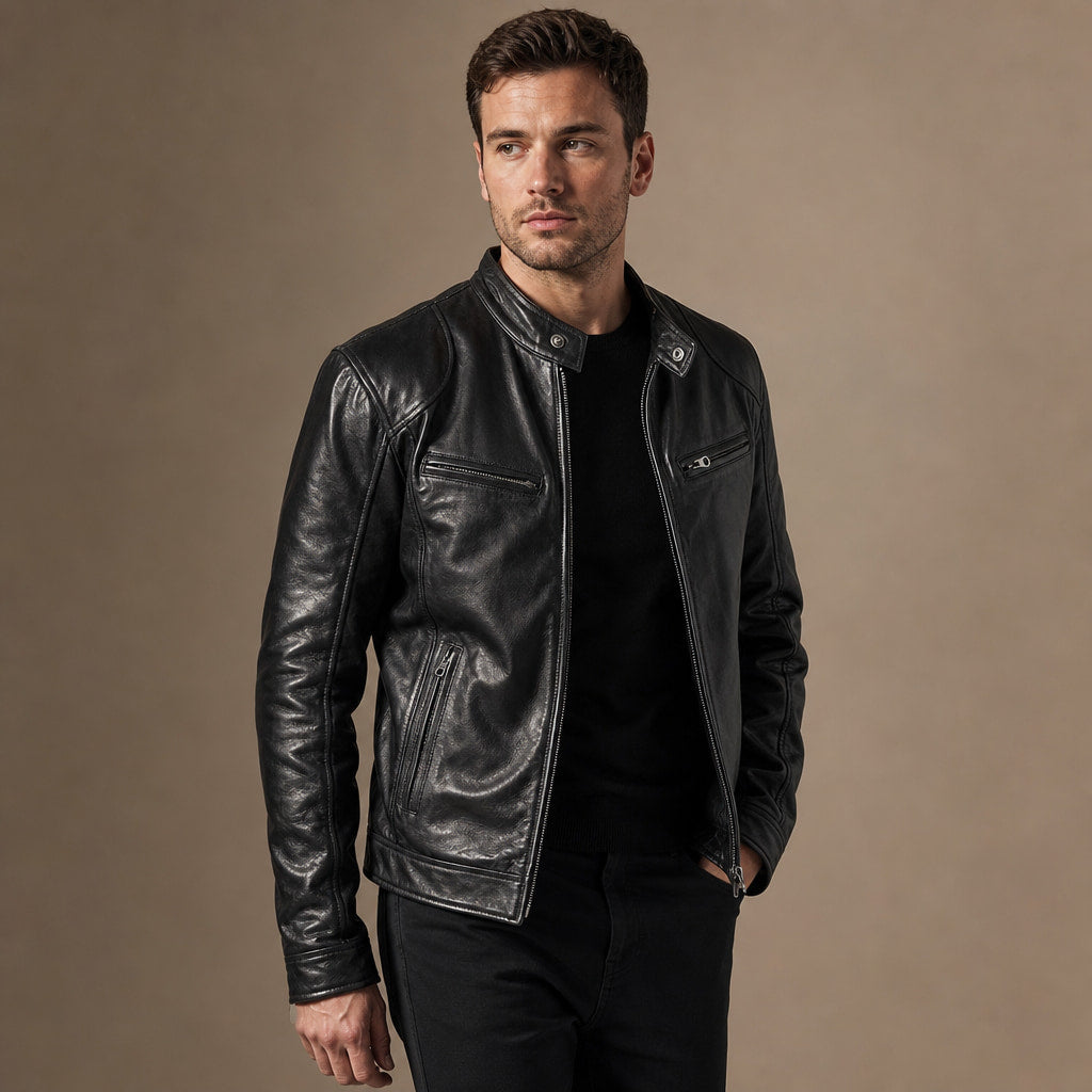 Leather Jacket Slim Fit Black – Side Angle View