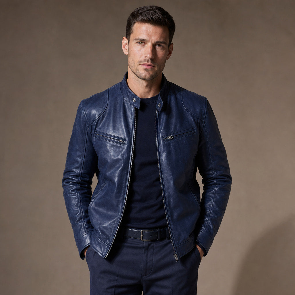 Leather Jacket Slim Fit Dark Blue – Product Photo