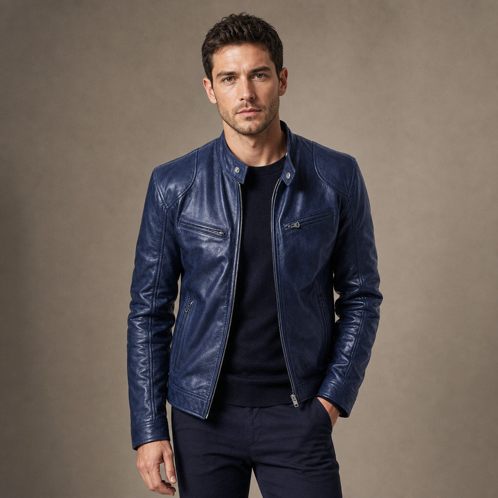 Leather Jacket Slim Fit in Dark Blue – Tarlano Premium Menswear