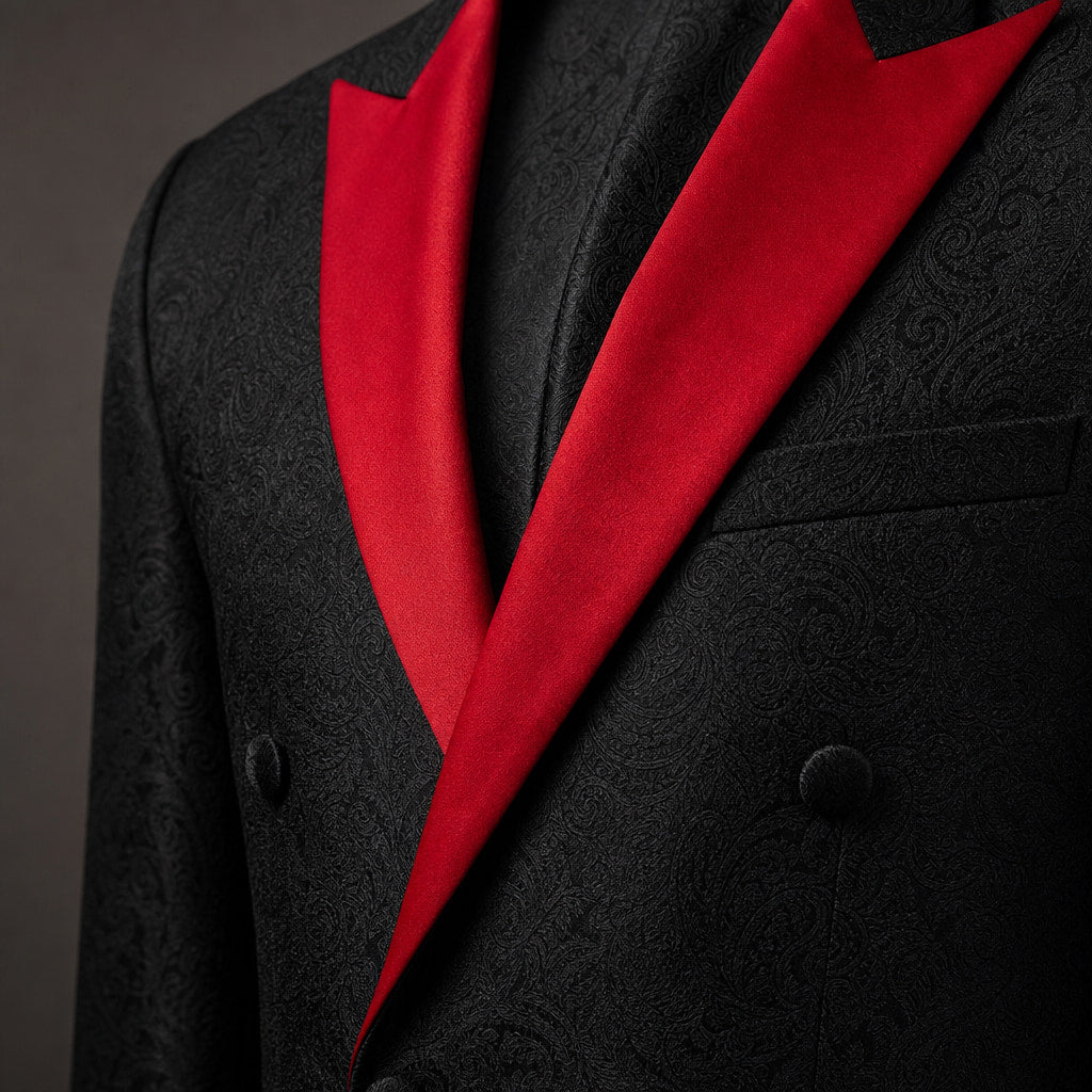 Tuxedo Three Piece Red Peak Lapel Black / Red – Fabric and Detail Close-Up