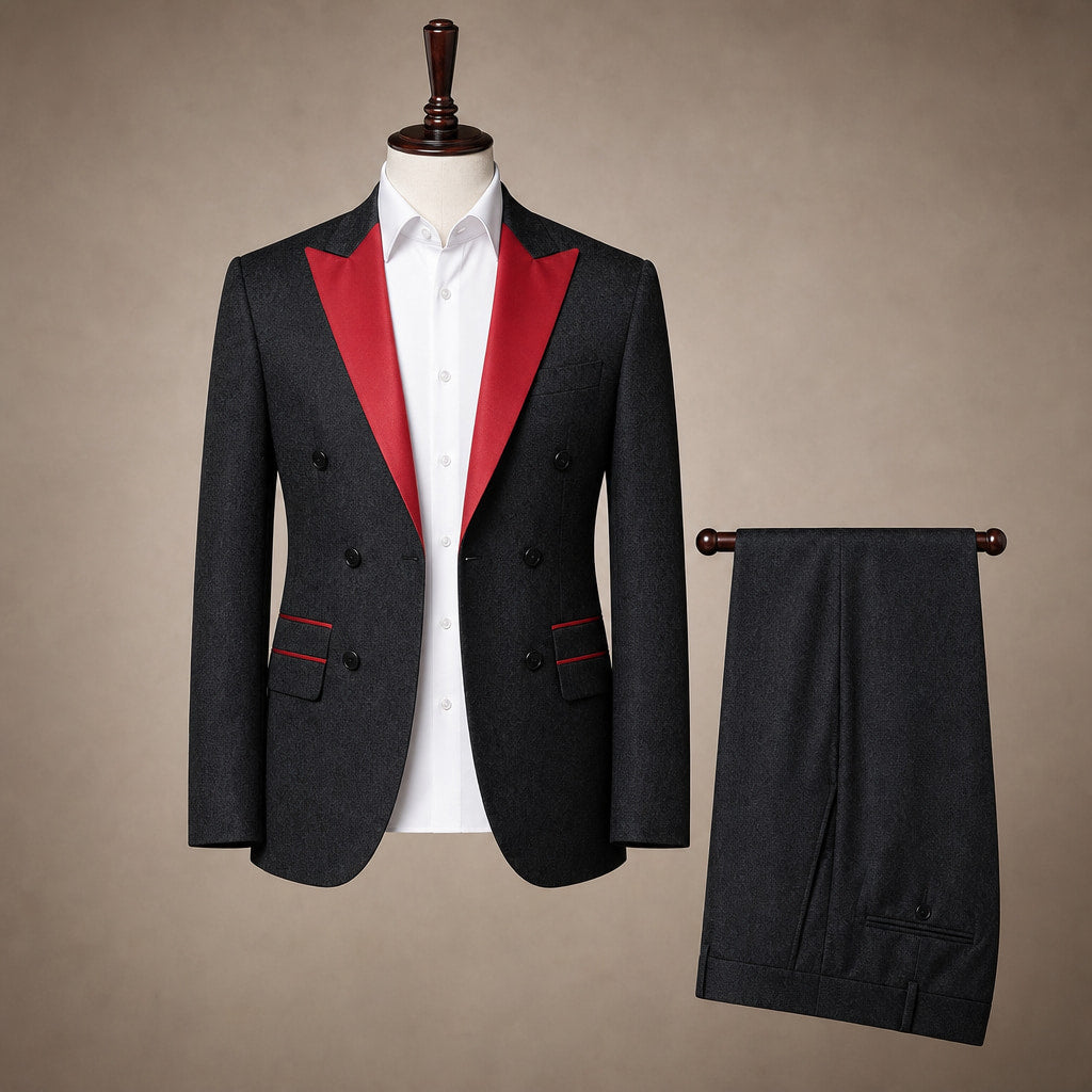 Tuxedo Three Piece Red Peak Lapel Black / Red – Product Photo