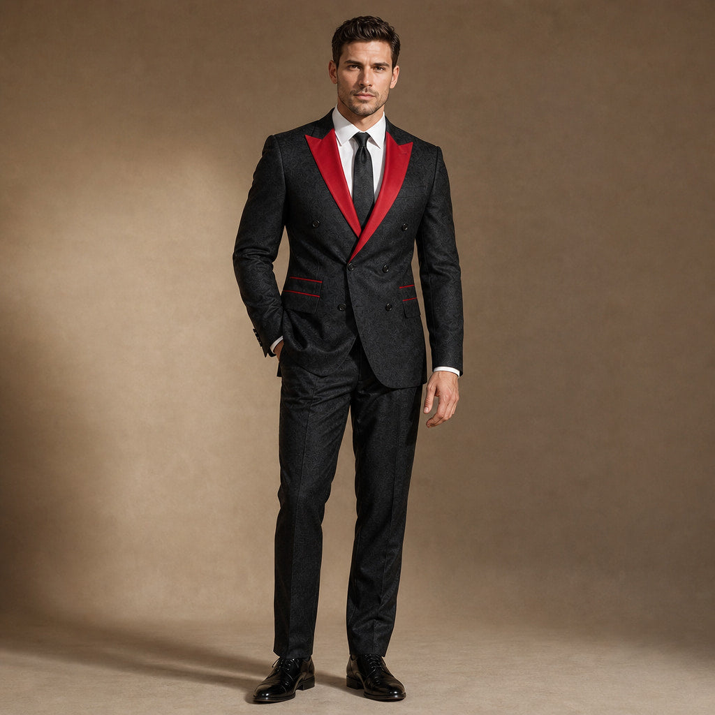 Tuxedo Three Piece Red Peak Lapel in Black / Red – Tarlano Premium Menswear